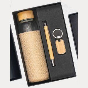 Glass Bottle, Bamboo Pen & Wooden Keychain Gift Set – Model RV1111