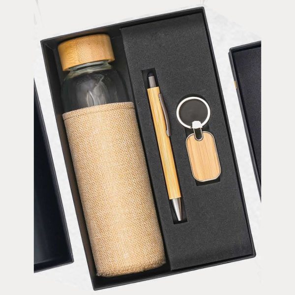 Glass Bottle, Bamboo Pen & Wooden Keychain Gift Set – Model RV1111 (Eco)