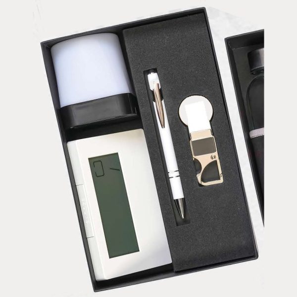 Desk Clock/Calendar, Pen & Keychain Gift Set – Model RV1119 (White)