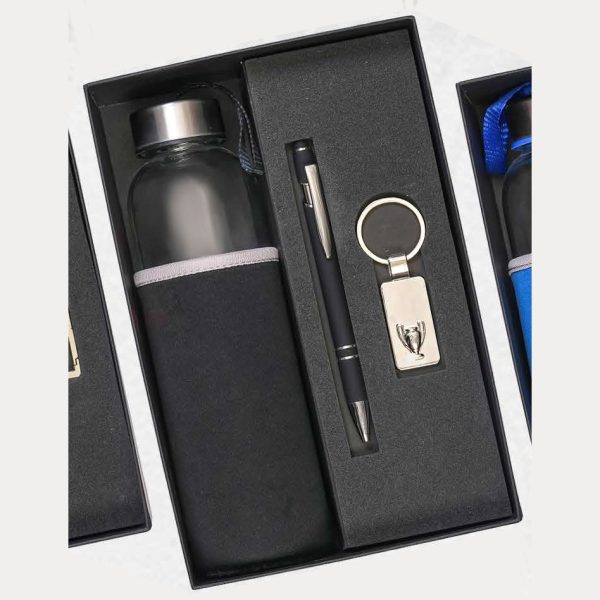 Glass Bottle, Pen & Keychain Gift Set – Model RV1120 (Black)