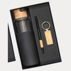 Glass Bottle, Bamboo Pen & Wooden Keychain Gift Set – Model RV1122