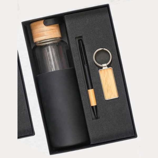 Glass Bottle, Bamboo Pen & Wooden Keychain Gift Set – Model RV1122 (Black)