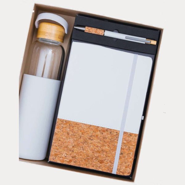 Bottle, Notebook & Pen Gift Set – Model RV1632 (White Cork)