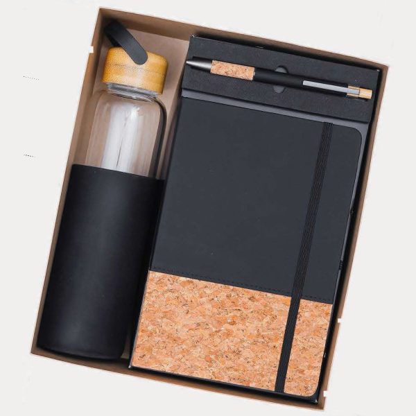 Bottle, Notebook & Pen Gift Set – Model RV1633 (Black Cork)