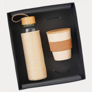 Glass Bottle with Jute Sleeve & Mug with Cork Sleeve Gift Set – Model RV2010