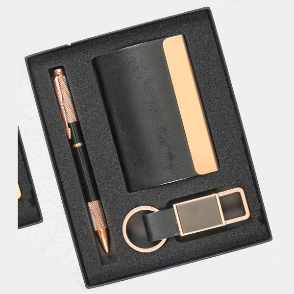 Pen, Card Holder & Keychain Gift Set – Model RV809 (Black Rose Gold)
