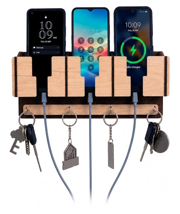 Wall Mobile Holder & Key Organizer – Model RV02 (Dual-tone Brown, Natural Wood)