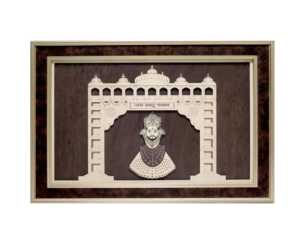 Khatu Shyam Ji 3D Frame with Golden Mirror Face – Model RV04 (Brown, Gold, Natural Wood)